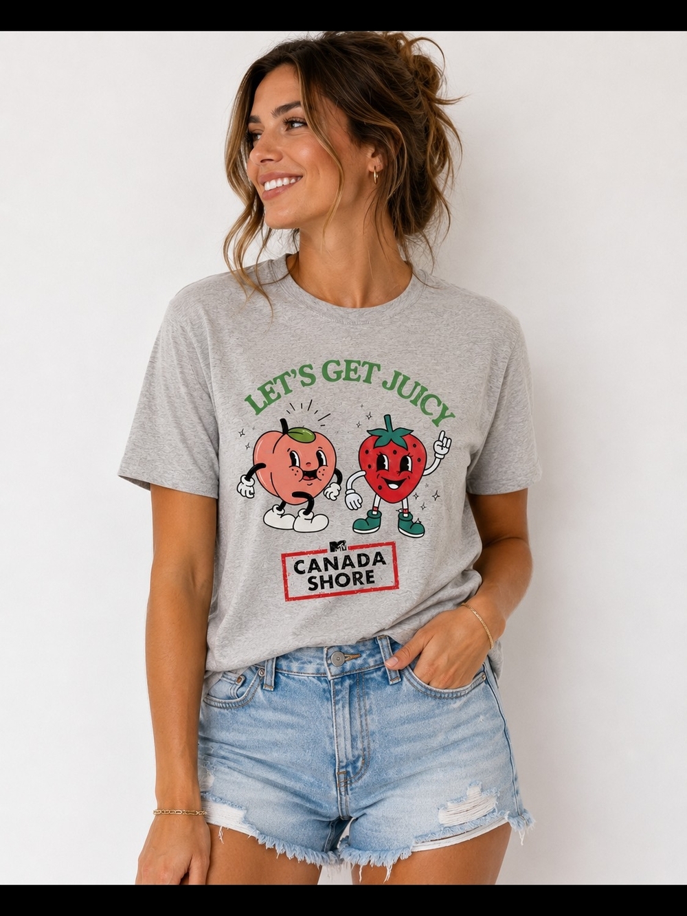 Rare  Canada Shore  MTVLet's Get Juicy Graphic Tee - Gray with Red & Peach Print